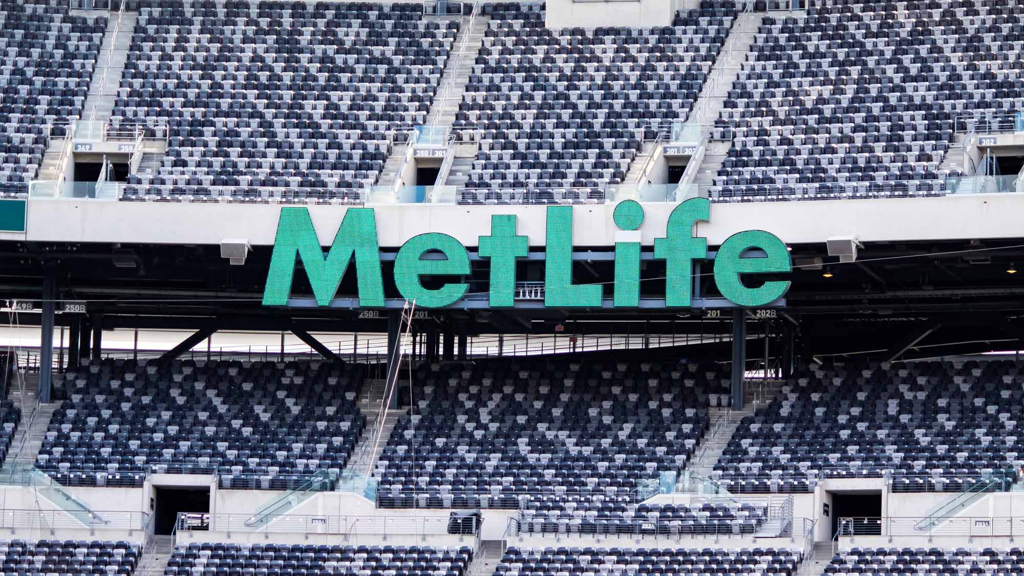 MetLife Sign surrounded by stadium seats at the MetLife Stadium