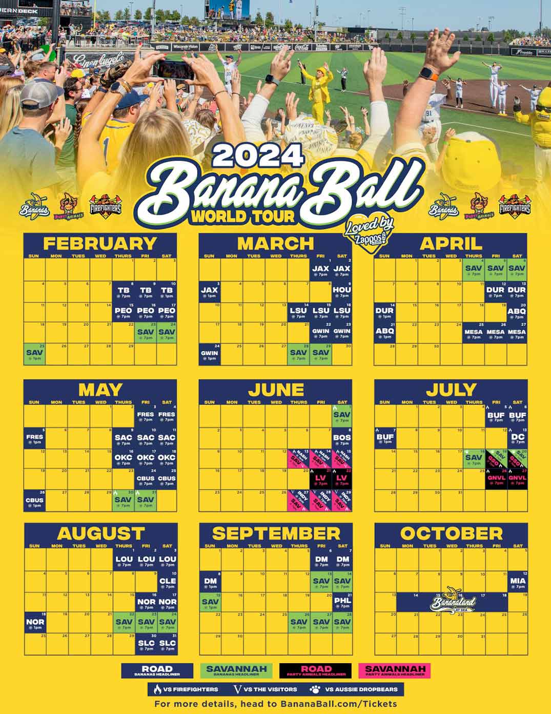 2024 Full Banana Ball World Tour Schedule with the time, date, and location of every game