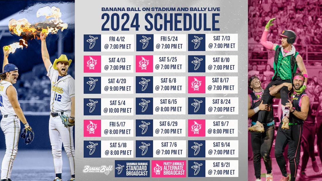 Banana Ball 2024 Schedule showing every game that will be streamed on line in 2024