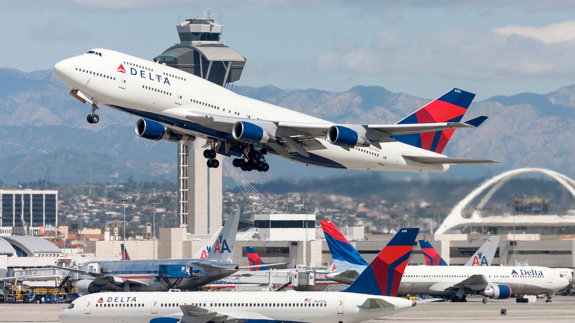 A Delta airliner taking off from LAX Airport