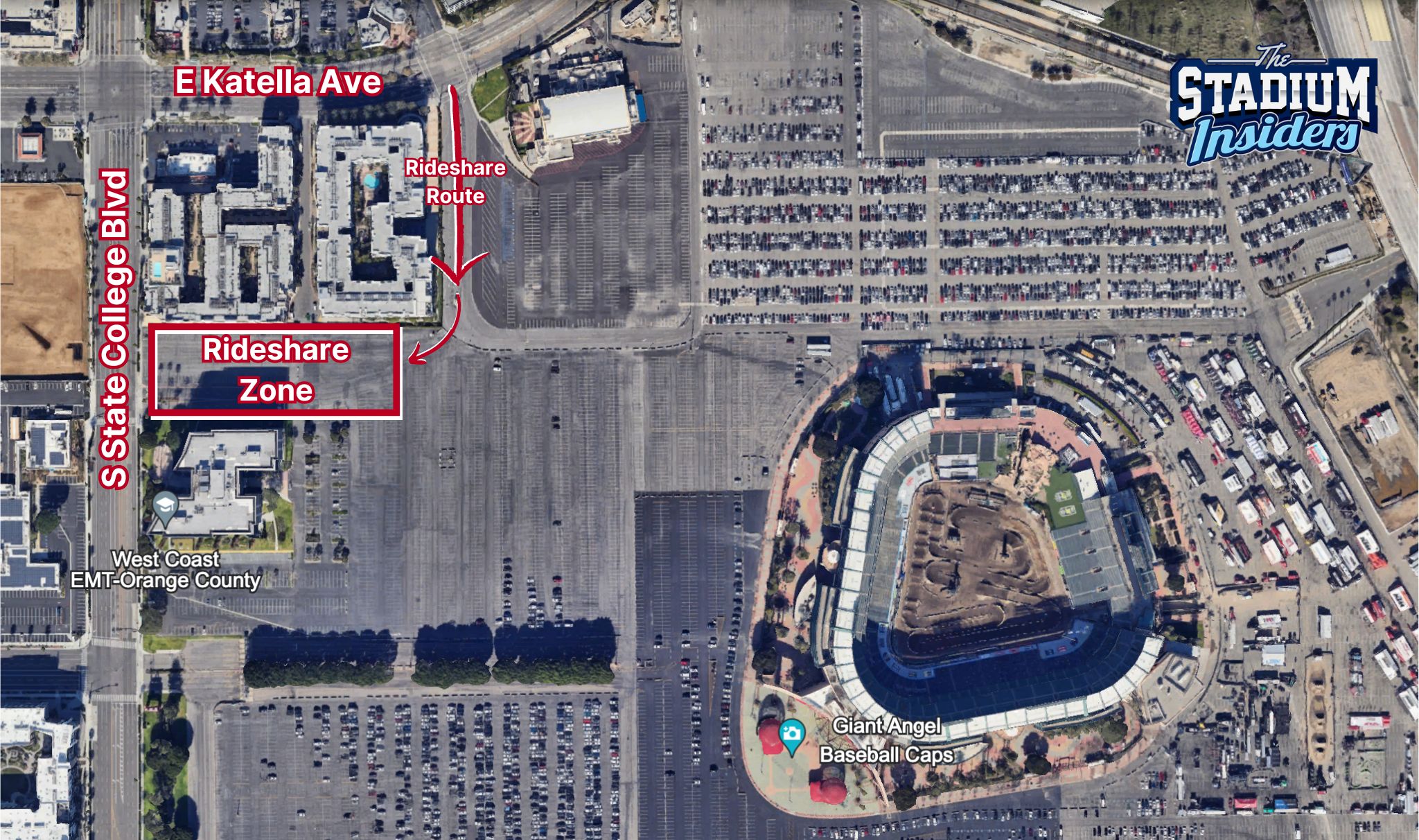 Google Earth map of Los Angeles Angels Of Anaheim Stadium Ridesharing Map