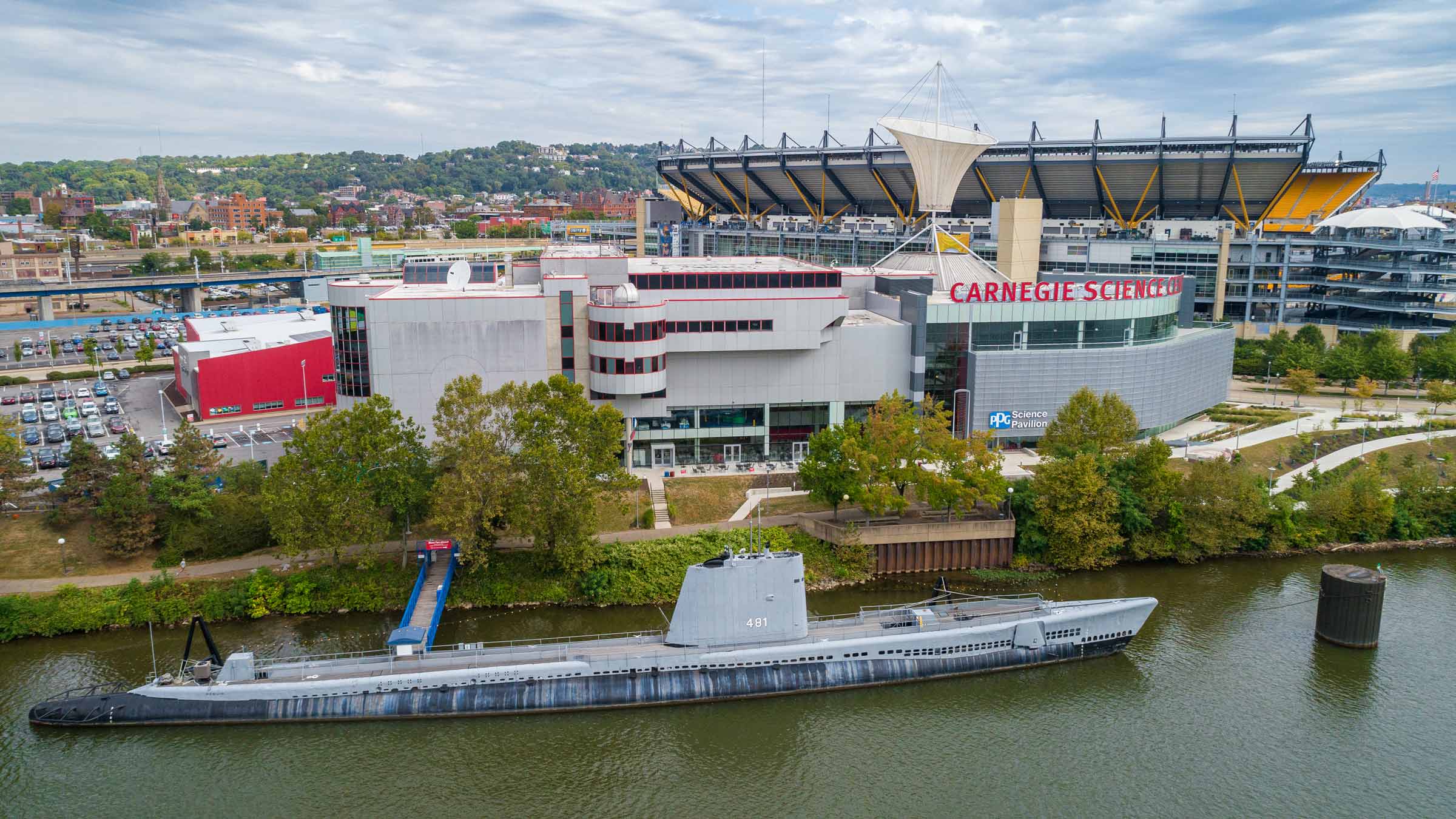 An aerial view of the Carnegie Science Center and Acrisure Stadium in Pittsburgh