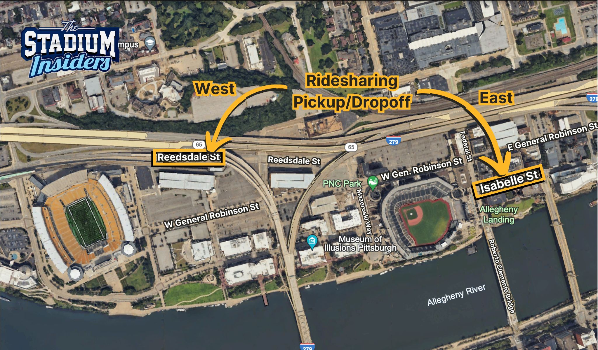 Google Earth map with illustrations to denote the east and west ridesharing zones near PNC Park