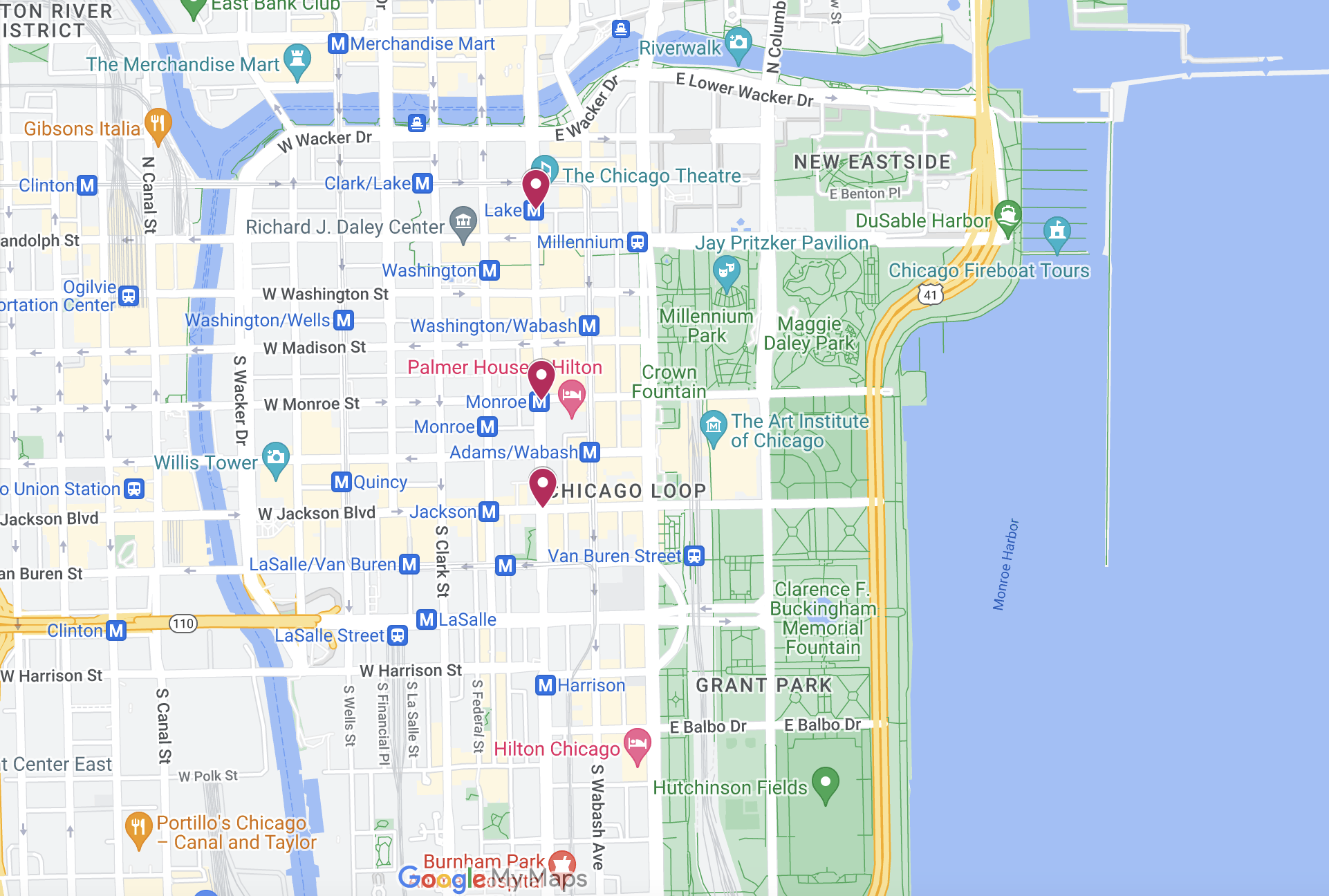 Google map displaying the Monroe, Lake, and Jackson Red Line stations in The Loop / Downtown Chicago