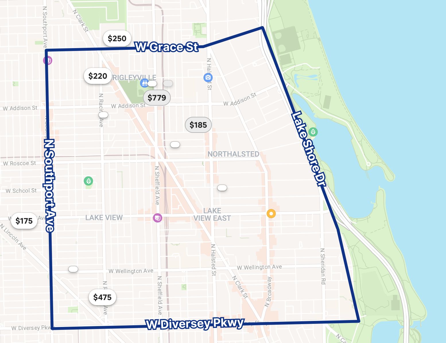 Illustrated map of suggested home rental area in Wrigleyville/Lakeview in Chicago