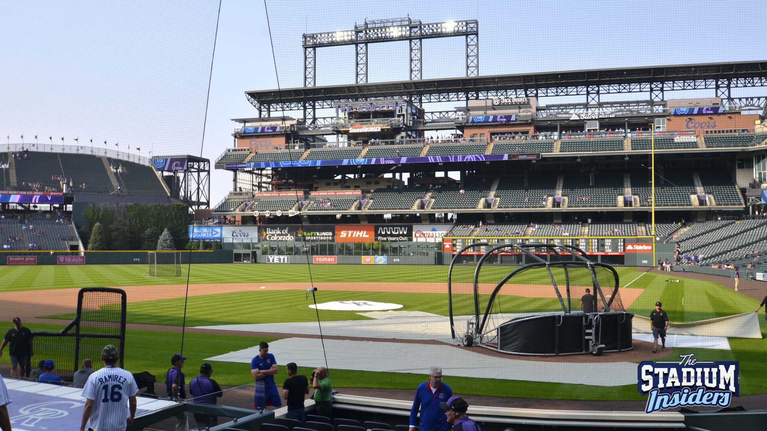 The view of the batting practice cage before a game at Coors Field from just behind home plate