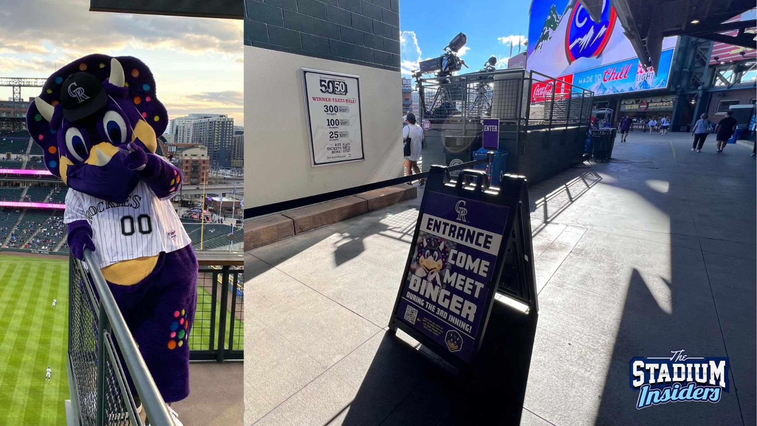 Two combined pictures of Dinger, the Colorado Rockies mascot, next to an image of the sign denoting where and when to meet them