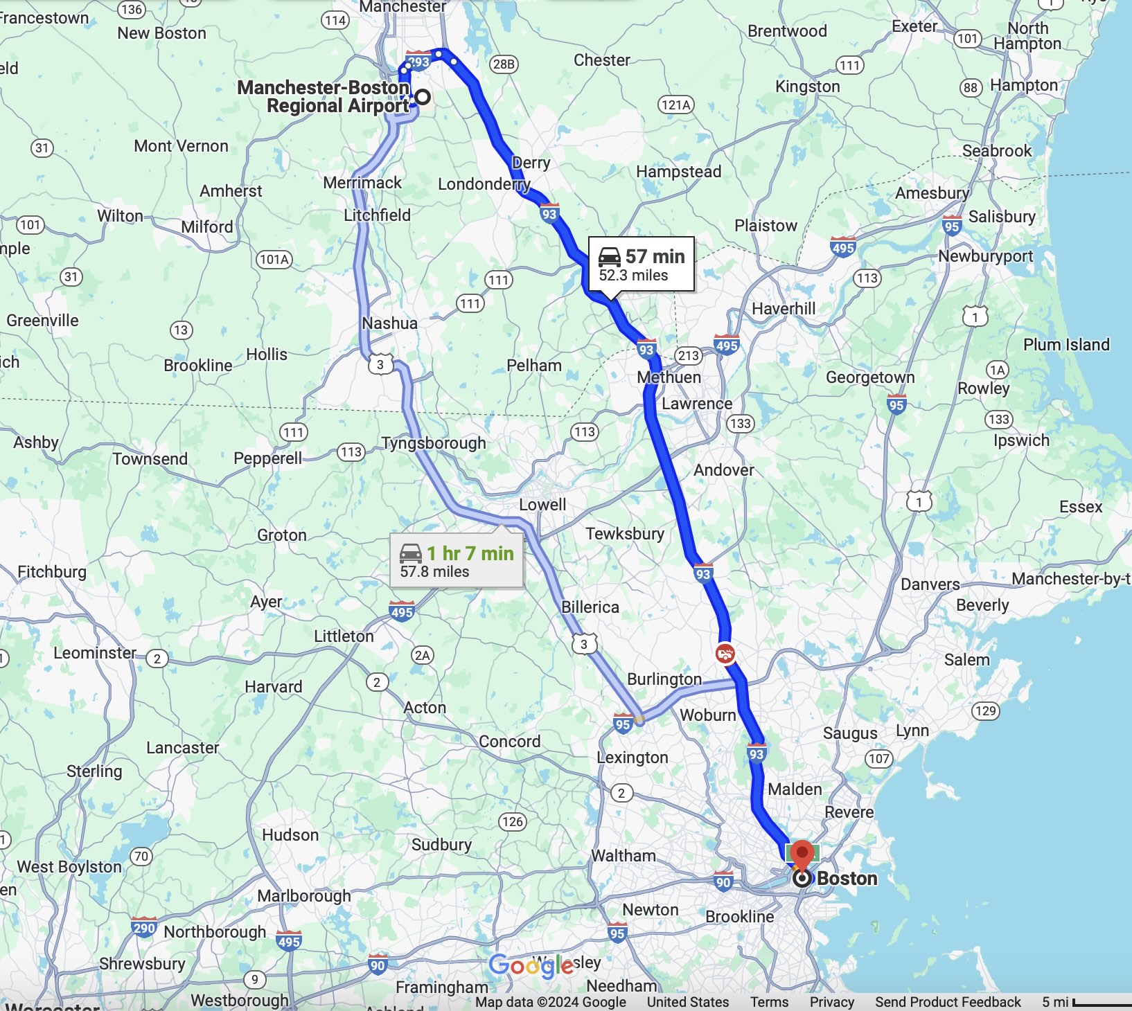 Google map of travel distance and time between Manchester-Boston airport and Boston