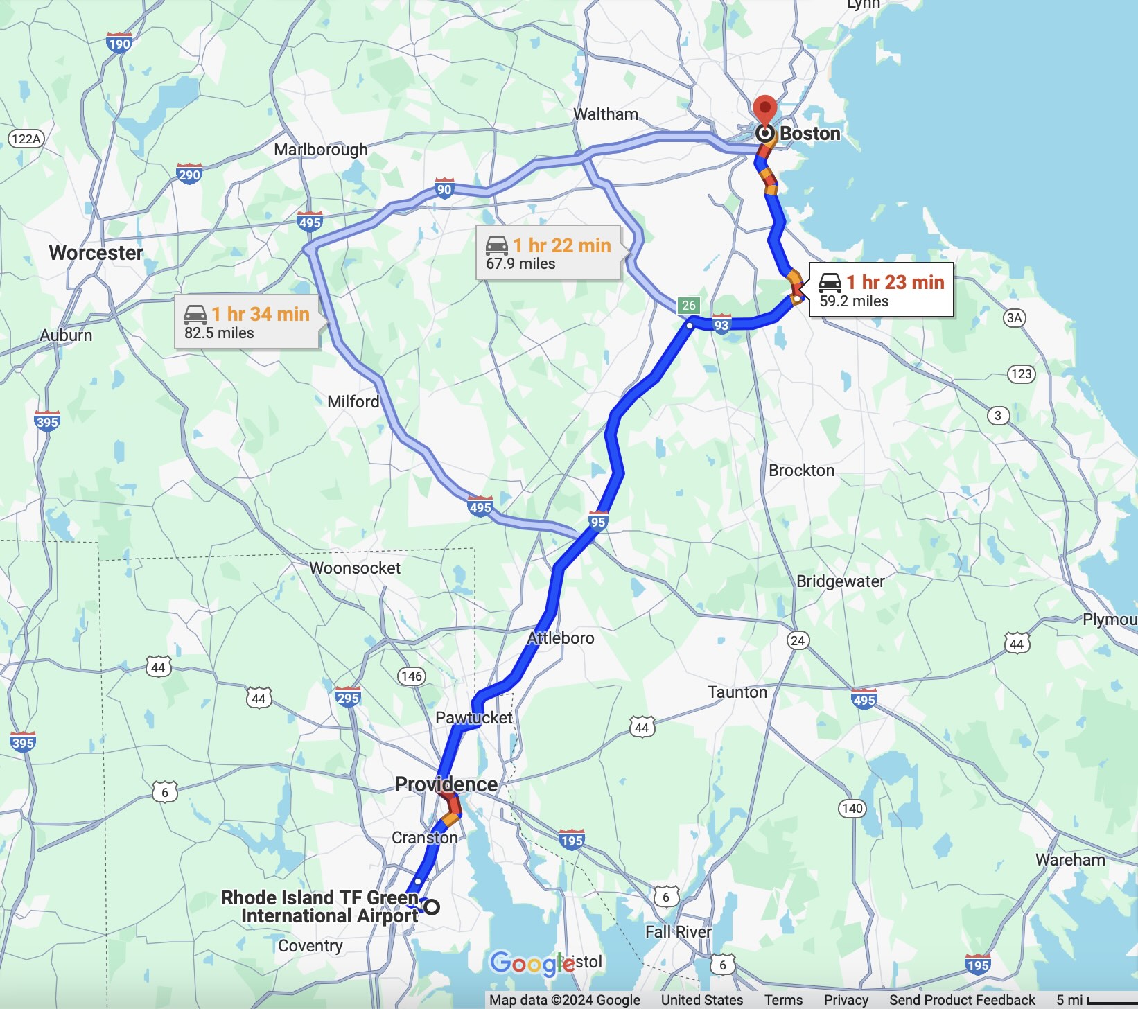 Google map of travel distance and time between T.F. Green airport and Boston