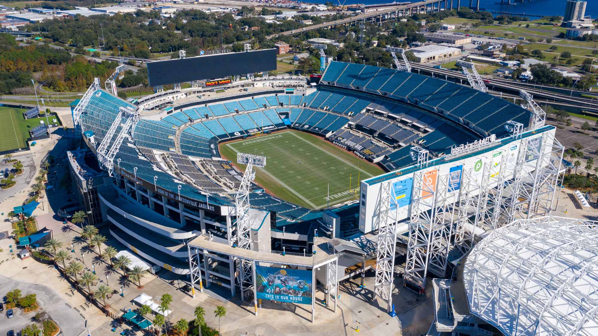 An aerial view of Everbank Stadium in Jacksonville, home of the Jaguars