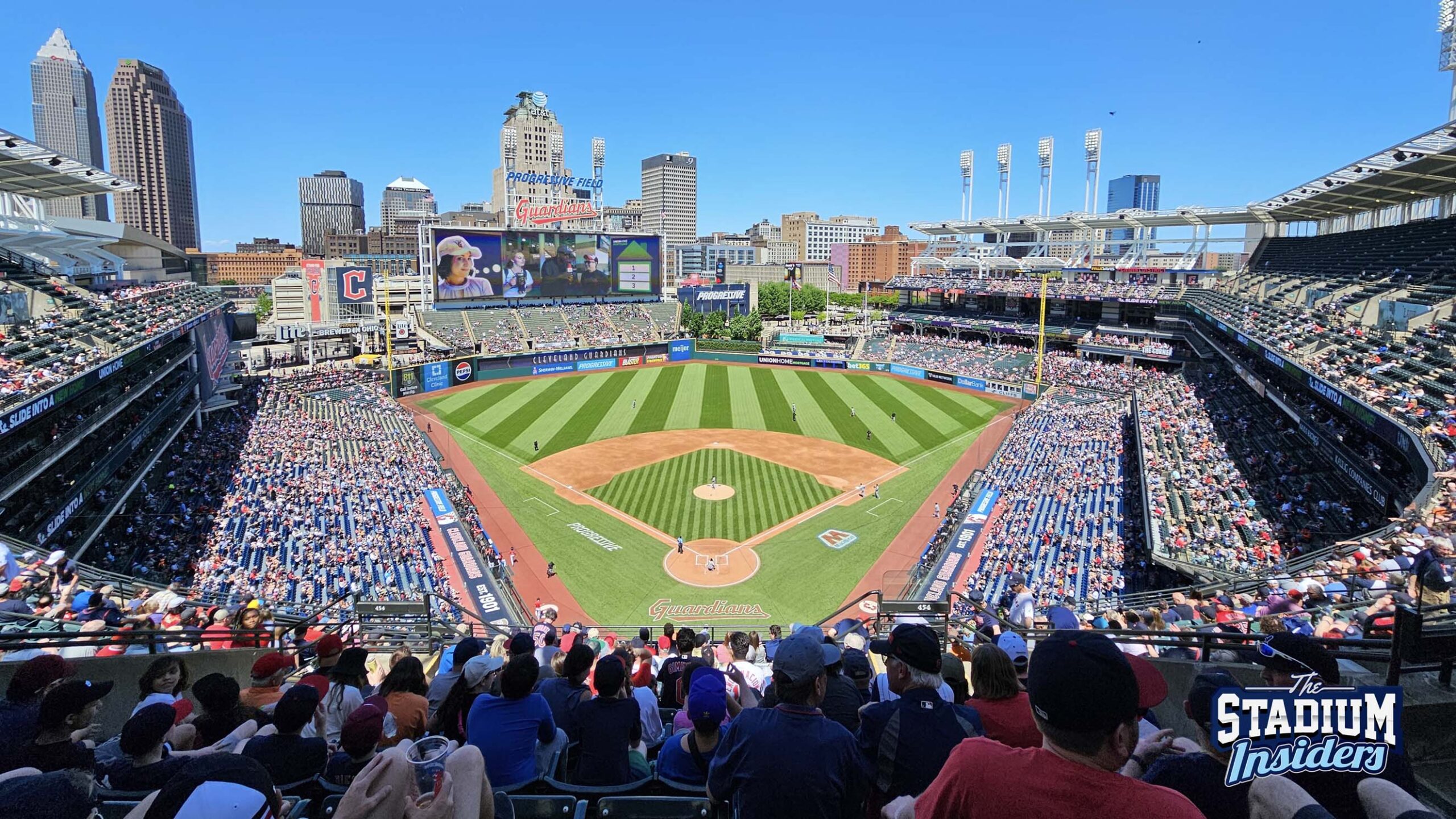 Field view of Progressive Field from the 500 level, behind home plate