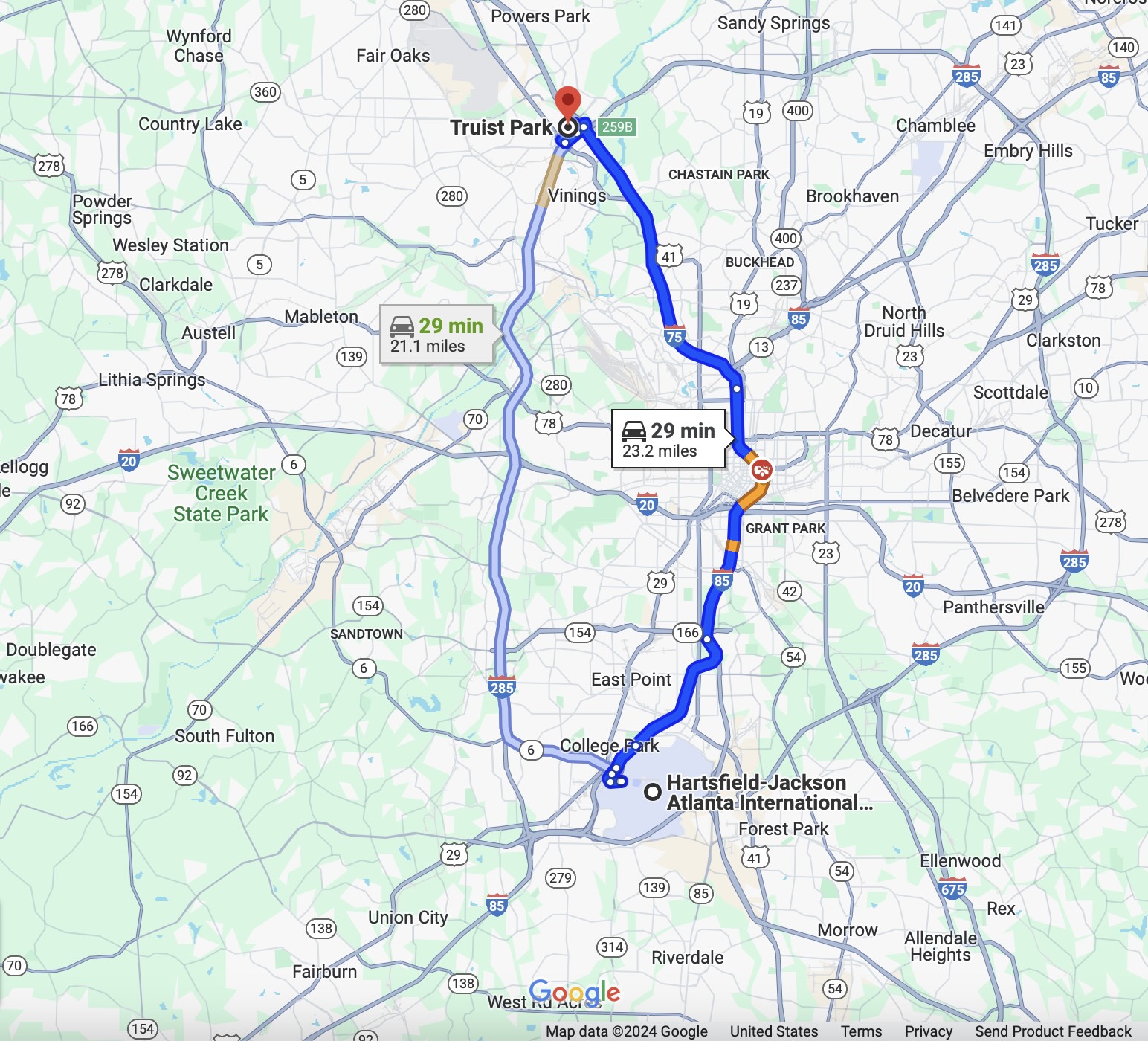 Google map of the drive from ATL Airport to Truist Park in Atlanta