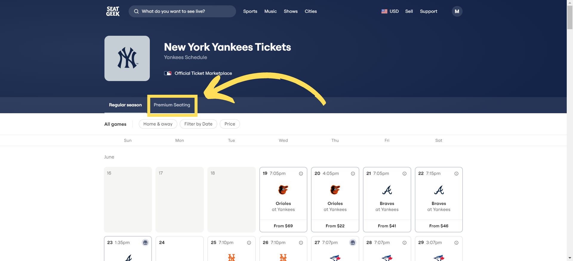 Seatgeek's new Premium Button on Desktop, New York Yankees example