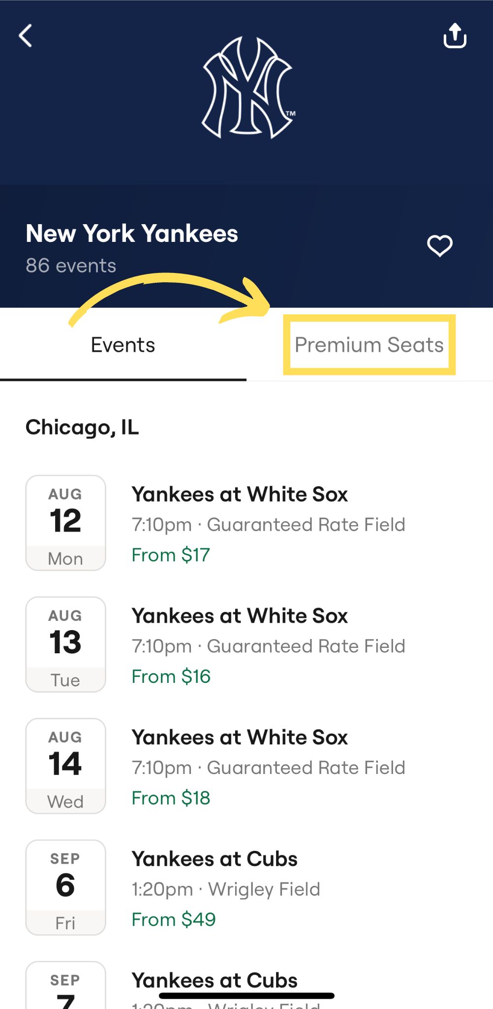 Seatgeek's new Premium Button on Mobile, New York Yankees example