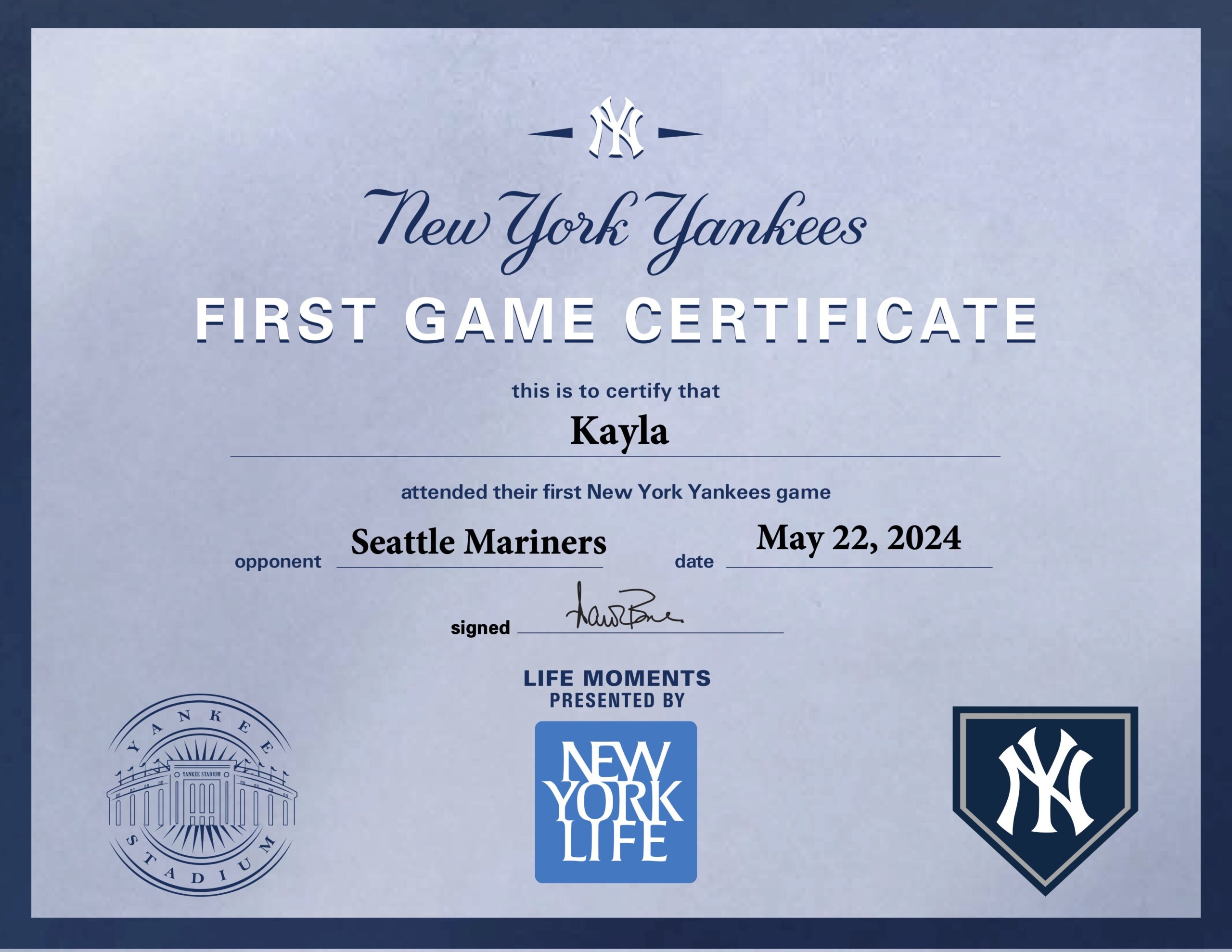 Digital version of the Yankees First Game Certificate