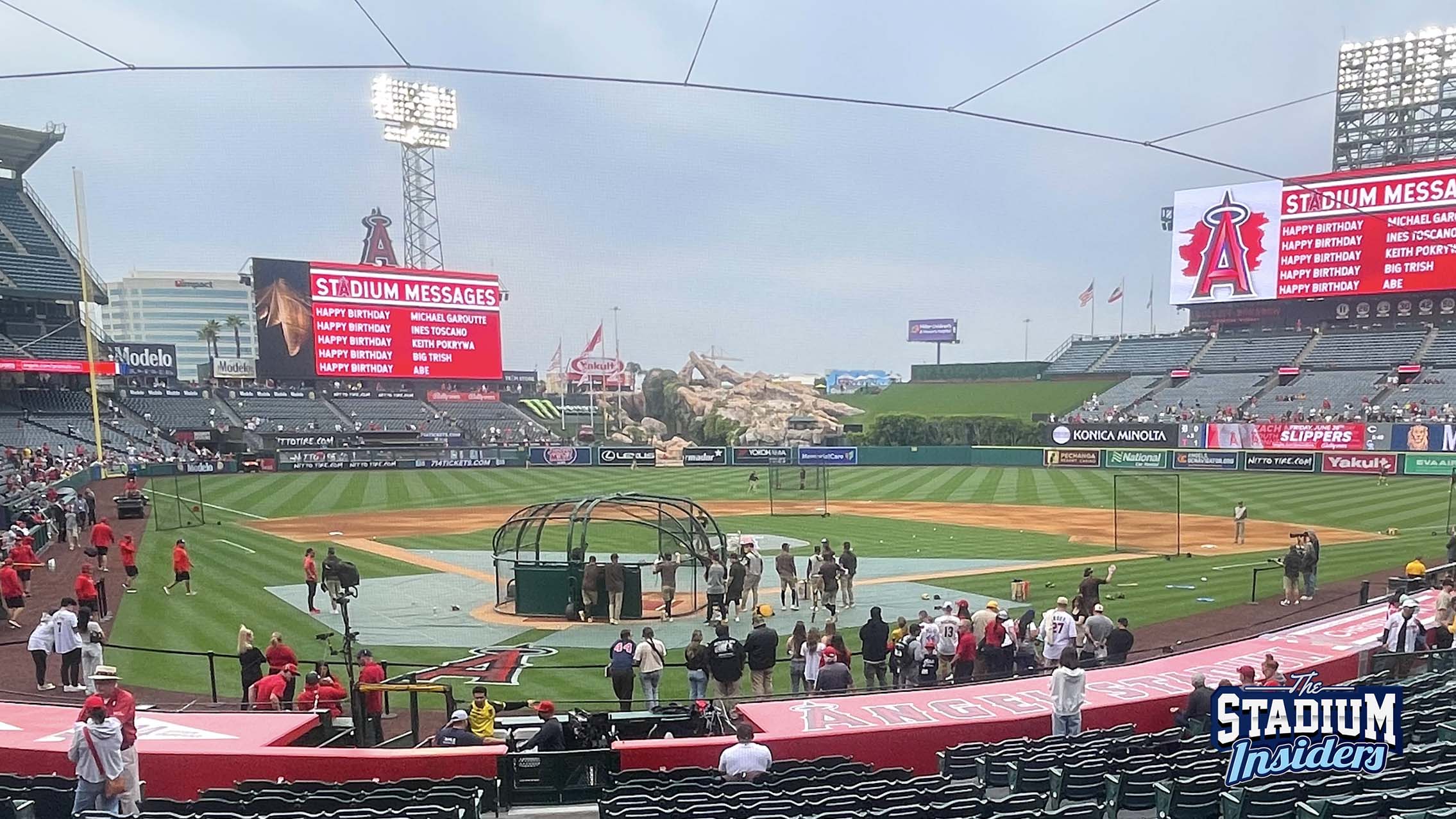 Fans at Angel Stadium watch batting practice before a game