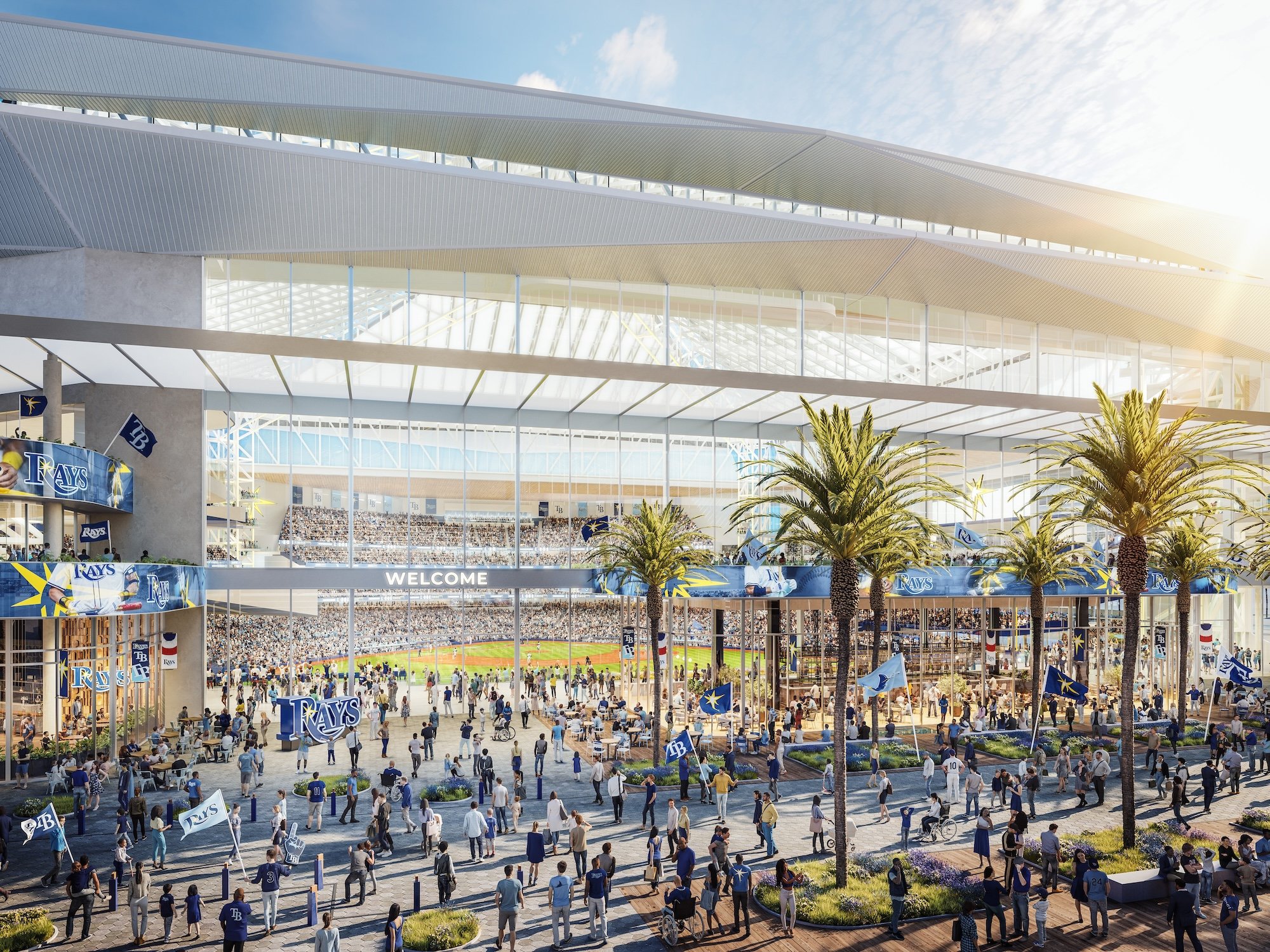 A rendering of the new Tampa Bay Rays stadium opening in 2028