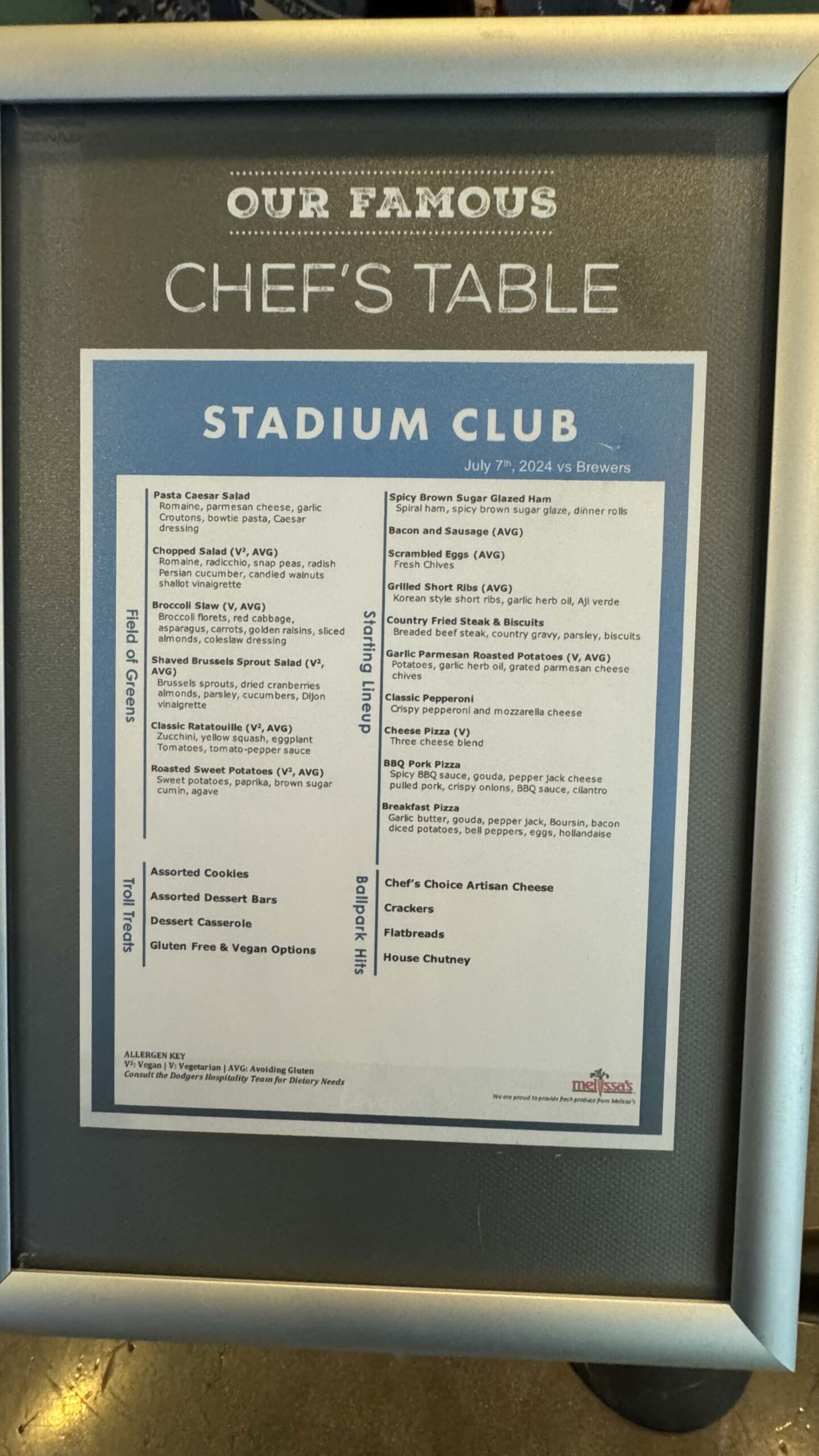 A picture of the menu at the Stadium Club at Dodger Stadium