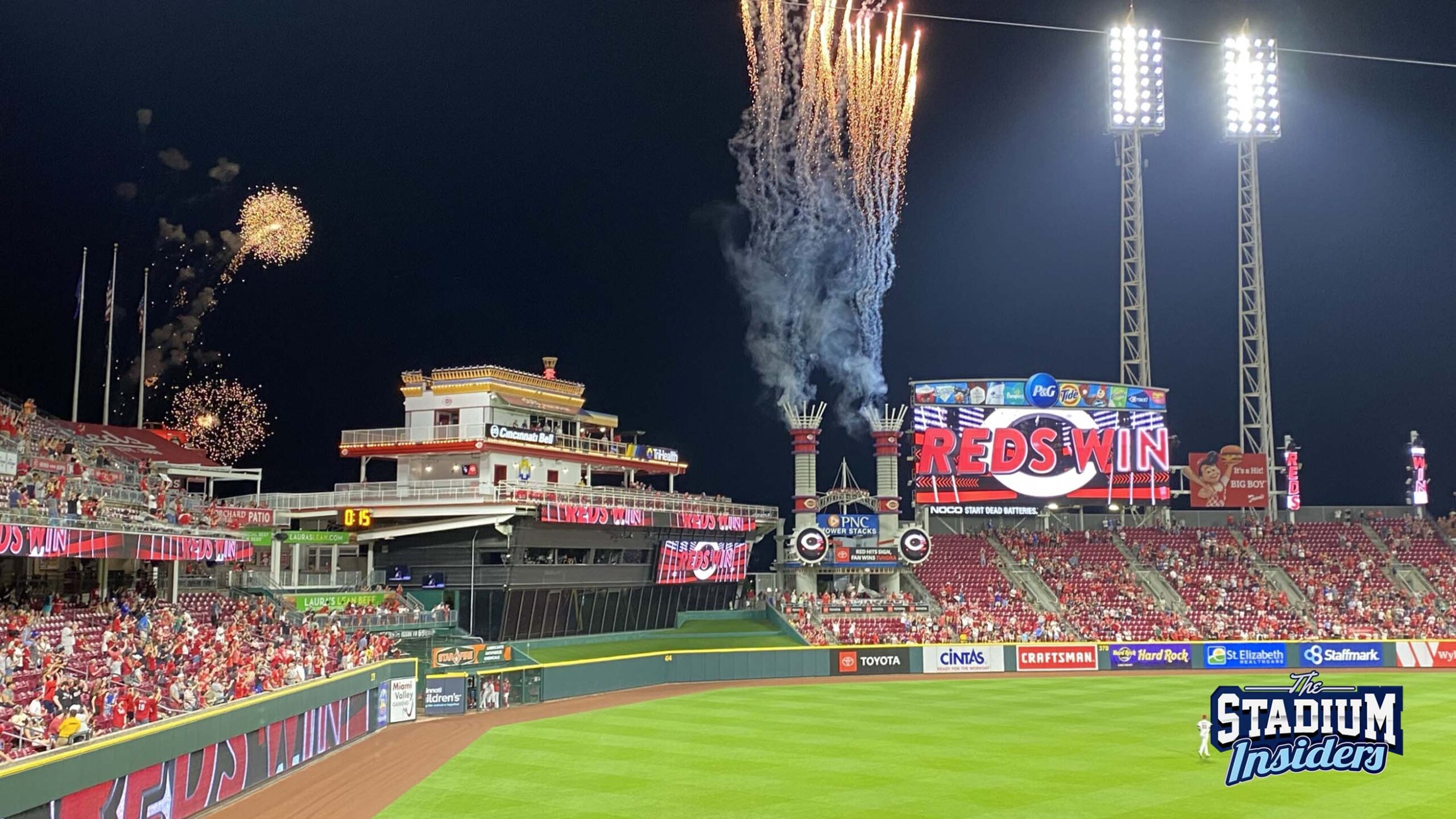 Fireworks burst above the scoreboard of Great American Ball Park after a Reds win