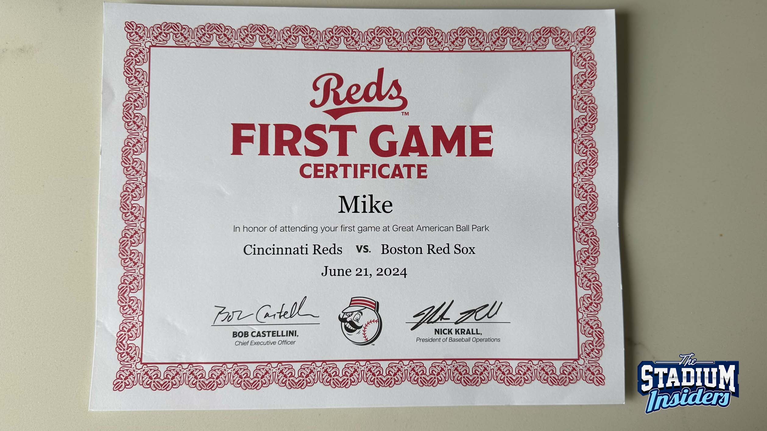 First Game Certificate for Great American Ballpark