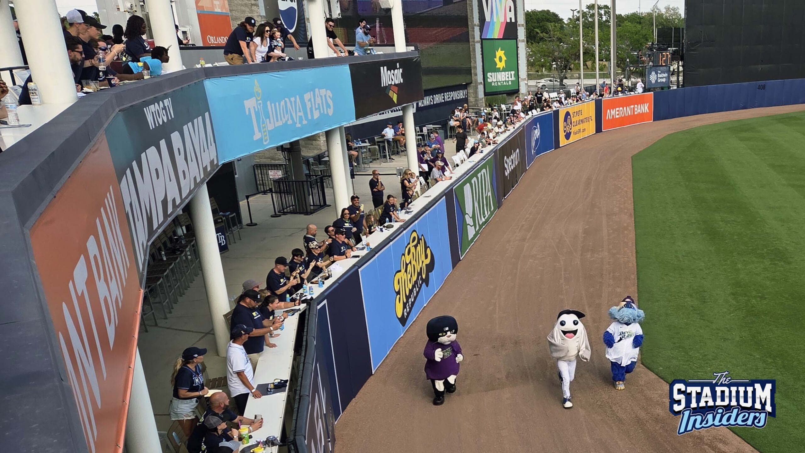 Mascot race The Tampa Bay Rays mascots, including DJ Kitty and Stinger, race around the warning track at Steinbrenner Field